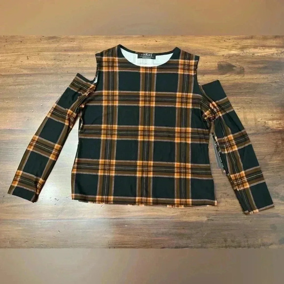 2/$12 HKR Collections Top Size XL Cold Shoulder Black & Rust Plaid Boutique Fall - Picture 14 of 14